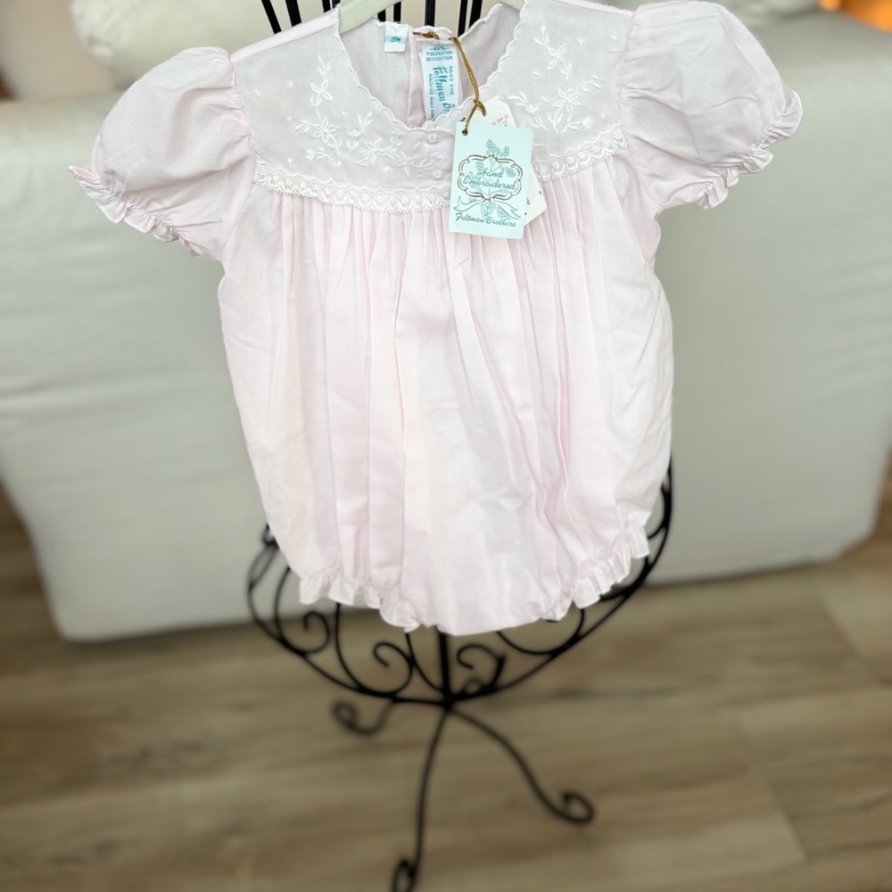 NWT Baby Pink Hand Embroidered Pleated Ruffle Bubble Onesie